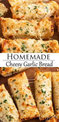 homemade cheesy garlic bread is cut into squares and placed on a baking sheet