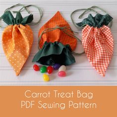 "This listing is for the CARROT TREAT BAG SEWING PATTERN - not the finished item This sewing project works up fast!  Easy enough for a beginner!   Pattern pieces are included in PDFnot measuring involved - just trace, cut and sew Treat bag is 8\" tall by 5\" at the widest part of carrot. ----------------------------------------------------------------- Once you have paid, you will be able to  download this PDF file instantly Level: Easy - Intermediate You will need 2 pieces of \"carrot\" fabric that are 8\"x8\" and 2 pieces of \"leaf\" fabric 7.5\" x 5.5\" Ribbon or yarn for drawstring Pdf file contains 10 pages of instructions and pictures.  Not intended for use as a toy for children under the age of 3 because of small parts. Thank you and if need any help you can always contact me throug Easter Treat Bags, Bag Sewing Pattern, Easter Fabric, Diy Ostern, Spring Easter Crafts, Snowmen Patterns, Bag Sewing, Felt Pattern, Small Sewing Projects