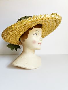 Lovely midcentury summer hat - Wide, upturned yellow straw brim - Tall green straw crown wrapped with matching green grosgrain ribbon - Bow at back - Grosgrain ribbon band inside - Label: Reproduction of Paulette Grosgrain Ribbon Bows, Summer Hat, Ribbon Bow, Summer Hats, Straw Hat, Ribbon Bows, Grosgrain Ribbon, Color Block, Straw