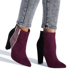 Perfect Booties For Fall A Block-Heeled Ankle Bootie With Decorative And Functional Zippers. Material: Faux-Suede Color: Multi-Colored (Wine And Black) Outside Heel Height: 4" Closure: Functional Zipper Winter Ankle Boot Heels With Zipper, Winter Ankle Boot Heels With Zipper Closure, Ankle-high Heels With Zipper Closure For Fall, High Heeled Boots With Zipper Closure For Fall, Winter Suede Heeled Boots With Zipper Closure, Trendy Fall Heels With Zipper Closure, Trendy Suede Boots With Zipper Closure, Chic Fall Booties With Zipper Closure, Fall Suede Heeled Boots With Zipper