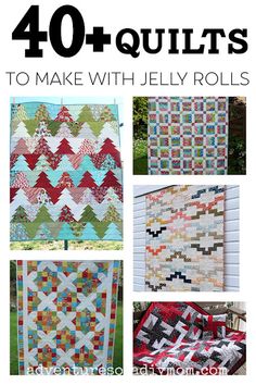 different quilts with text overlay that reads 40 + quilts to make with jelly rolls