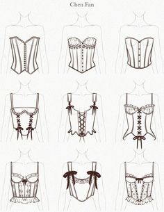 the different types of corsets are shown in black and white, with bows on each