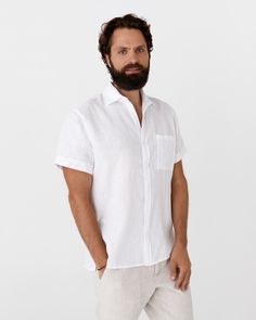 Men's short sleeves linen shirt VERBIER in White - MagicLinen modelBoxOn Classic Short Sleeve Shirt For Beach, Casual White Linen Short Sleeve Shirt, White Short Sleeve Shirt With Spread Collar For Vacation, White Short Sleeve Vacation Shirt With Spread Collar, Classic White Linen Short Sleeve Shirt, White Linen Short Sleeve Shirt For Vacation, Collared Linen Short Sleeve Shirt For Beach, White Linen Collared Short Sleeve Shirt, White Unstructured Short Sleeve Shirt For Summer