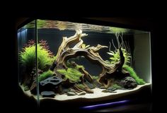 an aquarium with plants and rocks in it