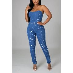 Popping Dots Tube Top Denim Jumpsuit (S-2XL) - S / Blue Tube Top Design, Black Jumpsuit Dress, Stretch Jumpsuit, Strapless Jumpsuit, Curvy Dress, Crop Top Sweater, Summer Fabrics, Ankle Length Pants, Top Design