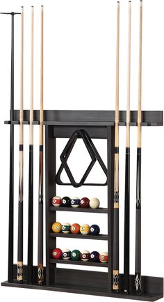 a rack with pool balls and cues in it on a white background for display