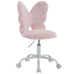 a pink chair with wheels on it and a butterfly shaped seat cushion in the middle