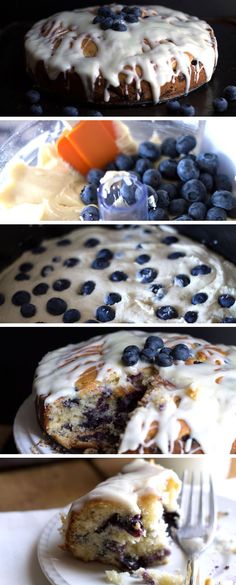 blueberry cheesecake on a plate with a slice cut out and ready to be eaten