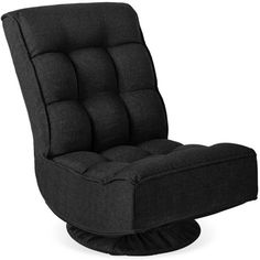 an upholstered chair with black fabric on the back and footrests, in front of a white background