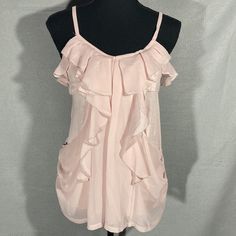 Express Flirty Light Pink, Spaghetti Straps, Ruffle Front, Cami Top Size Small New Without Tags Smoke Free Pet Free Home W8 Spring Ruffle Camisole For Daywear, Casual Ruffled Camisole For Daywear, Feminine Flowy Tank Top For Summer, Flowy Feminine Tank Top For Summer, Flowy Feminine Summer Tank Top, Pink Feminine Camisole With Ruffles, Chic Pink Camisole With Ruffles, Pink Ruffled Camisole, Chic Pink Ruffled Camisole