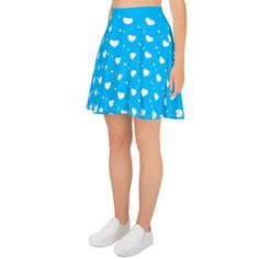 This skater skirt features a blue and white heart pattern, perfect for Valentine's Day. The combination of the skater silhouette and heart design elements make this skirt stylish and eye-catching. This skirt is super cute and comfortable! It's made from a soft, smooth, and stretchy fabric that is also light and breathable. You'll love the cozy and stylish feel of this skirt. This midi-length skirt is a perfect choice for warm spring and hot summer days and nights. It falls to just above the knee Casual A-line Tennis Skirt For Summer, White Heart Print Bottoms For Summer, Watermelon Skirt, Flared Skater Skirt, Warm Spring, Midi Length Skirts, Plus Size Skirts, Heart Pattern, Summer Skirts