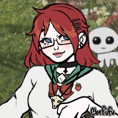 a drawing of a girl with red hair and glasses in front of a white ghost