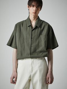 It is a short sleeves shirt with open collar neckline. Made of linen and cotton blend fabric, the shirt has features of both linen and cotton, which are breathable and comfy fit. The bio-washing process creates soft color and texture.- Open collar- Button closure- Round hem- Chest pocket Linen Male Fashion, Green Cotton Shirt With Lapel Collar, Khaki Collared Short Sleeve Shirt For Summer, Modern Cotton Short Sleeve Shirt For Summer, Modern Cotton Short Sleeve Summer Shirt, Linen Camp Shirt With Spread Collar, Unstructured Linen Camp Shirt With Spread Collar, Linen Camp Shirt With Placket And Camp Collar, Solid Linen Camp Collar Top