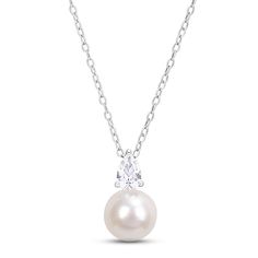 This exceptional necklace displays a lustrous freshwater cultured pearl topped by a sparkling pear-shaped white lab-created sapphire. Styled in sterling silver, the pendant sways from an 18-inch cable chain that secures with a spring ring clasp. Elegant Pear-shaped Solitaire Necklace For Formal Occasions, Teardrop Cubic Zirconia Pearl Pendant Jewelry, Teardrop Pearl Pendant Jewelry With Cubic Zirconia, Diamond White Pearl Drop Pendant Necklace, Teardrop Pearl Pendant With Cubic Zirconia, Teardrop Pearl Charm Necklace In Fine Jewelry Style, Diamond Teardrop Pendant Necklace With Pearl, Classic Necklace With Teardrop Pearl Charm, Classic Teardrop Necklace With Pearl Charm