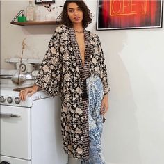 Still Available Right Now On The Free People Website For $198 + Taxes & Shipping Color Combo: Midnight Reversible Kimono (Two Designs Shown In Pics) Gorgeous, Machine Washable, Tie In Front To Be Worn Like A Robe. New With Tags Still Attached Size Xs Free People Intimates, Floral Kimono, Border Print, Sleepwear Robe, Wide Sleeves, Color Combo, Rumi, Color Combos, One Size Fits All