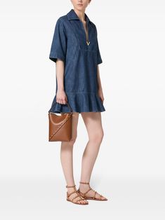 Valentino Garavani Peplum Denim Dress - Farfetch Denim Short Dresses, City Dress, Summer Beach Wear, Lady Dior, Chambray, Valentino Garavani, Jacket Tops, Denim Dress, Blue Dresses