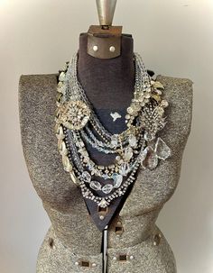 * This is a CUSTOM ORDER, please allow 2-3 weeks for creation! I will be in contact with you the entire time as you choose what specialized rhinestone pieces you want in your unique statement piece made just for you. * This bib style necklace can be worn at all times of the year and is sure to be a staple in your collection for many years to come. I've been really loving to create big crystal necklaces again with nothing BUT crystals an other shiny components. Most of the repurposed pieces in th Bridal Statement Necklace, Swarovski Brooch, Antique Silver Necklace, Vintage Rhinestone Necklace, Gold Bridal Necklace, Chunky Pearls, Pearl Statement Necklace, Assemblage Necklace, Rhinestone Statement Necklace