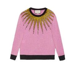 Embroidered Metallic Sweater Light Pink | Gucci | runwaycatalog.com Gucci Luxury Tops For Winter, Luxury Gucci Tops For Winter, Luxury Gucci Winter Top, Gucci Long Sleeve Party Tops, Gucci Long Sleeve Sweater For Spring, Luxury Gucci Tops For Fall, Fitted Designer Gucci Sweater, Fitted Gucci Tops For Fall, Designer Fitted Gucci Sweater