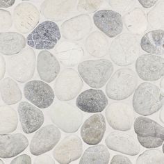 white and grey rocks are arranged in a pattern on the floor, as if they were pebbles