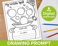 a halloween coloring page with the words, my witches spell and a pot full of pumpkins