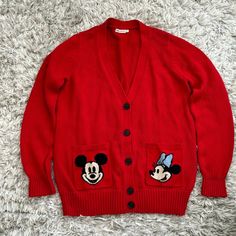 Lovely Red Knit Cardigan With Mickey And Minnie On The Front Pockets. Approx. Measurements Laid Flat: 29-1/2" H X 22" W. Sleeve Length From Shoulder 28-1/2" 100% Cotton Very Good Condition - No Holes Or Stains. Hardly Worn! Red Knit Cardigan, Cath Kidston, Mickey And Minnie, Knit Cardigan, Sweaters & Cardigans, Sweaters For Women, Sleeve Length, Knitting, Disney