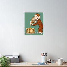 a monkey is pouring syrup on some pancakes