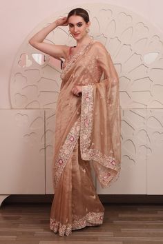 Pink organza saree with floral, thread and sequins hand embroidery. Comes with a padded blouse. - Aza Fashions Festival Organza Pre-draped Saree With Mirror Work, Designer Organza Pre-draped Saree For Festivals, Traditional Pre-draped Organza Saree With Mirror Work, Bollywood Style Wedding Pre-draped Organza Saree, Festive Organza Pre-draped Saree With Mirror Work, Bollywood Style Pre-draped Saree In Organza, Bollywood Style Pre-draped Organza Saree, Organza Pre-draped Saree With Zari Work, Bollywood Style Organza Pre-draped Saree With Sheer Dupatta