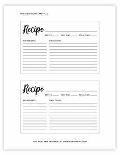 two recipe cards with the words recipe written in cursive writing, and black ink