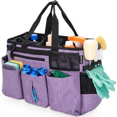 a purple tote bag filled with cleaning supplies