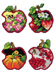 four cross stitched apples with flowers and fruit designs on the front, one has an apple