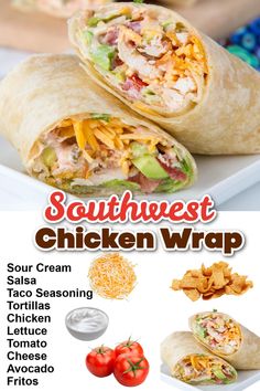 the southwest chicken wrap is cut in half and ready to be eaten