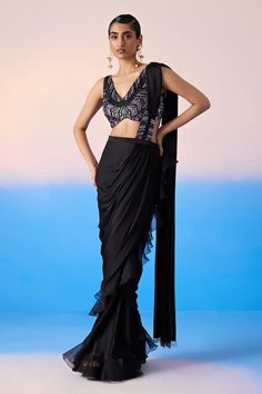 Black lehenga sarees featuring placed sequin, crystal embellished detail. Comes with padded embellished blouse. - Aza Fashions Lehenga Sarees, Sarees Black, Ruffle Sarees, Black Lehenga, Ruffle Saree, Drape Saree, Embellished Blouse, Lehenga Saree, Blouse For Women