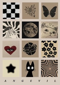 an image of many different pictures with cats and animals on them, all in black and white