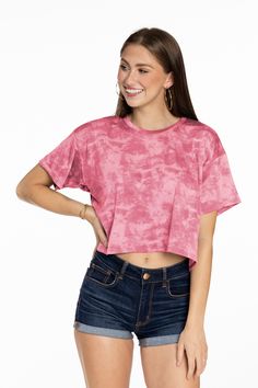 Cropped and Tie Dyed? You need this tee. Features baby french terry and scoop neck. 70% Poly, 27% Rayon, 3% Span. PINK. Spring Loungewear Washed T-shirt, Trendy Washed Tops For Loungewear, Soft-washed Pink Crew Neck Top, Pink Soft-washed Crew Neck Top, Summer Loungewear Washed T-shirt, Pink Washed Cotton Top, Pink Washed Cotton Tops, Spring Soft-washed Pink T-shirt, Pink Washed Top For Spring