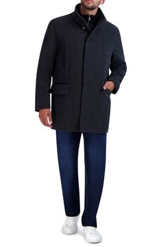 A stand collar brings an extra layer of warmth and cool-weather protection to a hearty wool-blend jacket detailed with a sleek box-pleat zip pocket at the chest and hand-warming flap pockets at the waist. 33" length (size M) Stand collar Long sleeves Front button closure 60% wool, 30% polyester, 5% viscose, 5% other fibers Dry clean Imported Model stats: 6'1" height, 32" waist. Model is wearing size M. Tailored Winter Outerwear With Stand Collar, Casual Wool Coat With Stand Collar For Winter, Casual Winter Wool Coat With Stand Collar, Winter Outerwear With Welt Pockets And Stand Collar, Winter Outerwear With Stand Collar And Welt Pockets, Classic Outerwear With Stand Collar For Cold Weather, Wool Outerwear With Stand Collar For Winter, Casual Wool Outerwear With Stand Collar, Classic Winter Outerwear With Zipper Closure