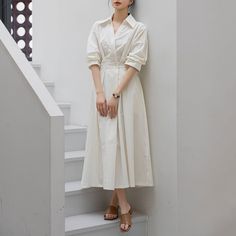 Chic White A-line Linen Dress, White V-neck Shirt Dress For Day Out, Elegant Solid Color Summer Shirt Dress, Chic White Linen Dress For Work, Chic White Linen Workwear Dress, Solid Linen Dress For Spring Workwear, Solid Color Linen Dress For Spring Workwear, Spring Solid Linen Dress For Work, White Long Sleeve Midi Dress For Summer