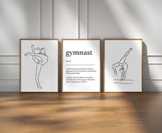 three framed posters with the words gymnastics and an image of a woman doing a handstand