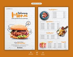 a menu for a restaurant with burgers and drinks on the front, and an orange background