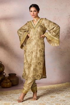 Beige tunic featuring a midnight maze printed silhouette, embroidered sequined borders and kinari detail. Comes with embroidered border pant. - Aza Fashions Tunic With Pants, Tunic And Pants, Pants Embellished, Maze Print, Silk Kurti Designs, Silk Kurti, Pant For Women, Tunic Pattern, Straight Kurta