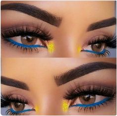 blue waterline eyeliner with yellow inner corner eye highlight Minion Makeup Cute, Cute Minion Makeup, Corner Eye Highlight, Blue And Yellow Eyeshadow Looks, Wolverine Makeup, Blue And Yellow Eyeshadow, Eyeliner On Waterline, Dory Makeup, Minion Makeup