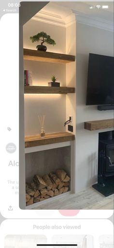 an image of a living room setting with fireplace and tv on the wall, built in shelving