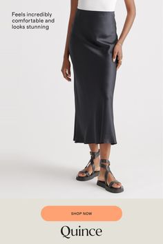 Elevate your wardrobe with our gorgeously drapey 100% Washable Silk Maxi Skirt, a stunning piece that looks effortless but feels incredibly comfortable. Crafted from best-in-class mulberry silk, this luxurious skirt has the same timeless silhouette as our beloved 100% Washable Silk Skirt, just in a longer maxi length. This must-have style is practical too: you can wash it, and the 100% silk fibers naturally nourish your skin and hair.  | Quince | Women's Maxi Skirt in Black, Size XS, Silk Hair Quince, Silk Tee, Silk Maxi Skirt, Natural Textiles, Womens Maxi Skirts, Silk Maxi, Fabric Structure, Silk Tank, Silk Pajamas