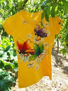 Hand Painted Tshirt Butterflies T-shirt BUTTERFLIES Top | Etsy Summer Cotton T-shirt With Butterfly Sleeves, Multicolor Short Sleeve T-shirt With Butterfly Print, Multicolor Cotton T-shirt With Butterfly Print, Painted Tshirt, Fabric Paint Shirt, Painted T Shirt, Hand Painted Butterfly, Painted Butterfly, Tshirt Painting