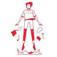 a drawing of a man standing with his arms spread out and papers flying around him