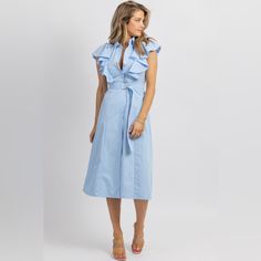 No Longer Sold Online & Brand New, Didn’t Fit My Bust! Beautiful Powder Blue Color. Fits Like A M Minus The Bust! Great To Wear For Baby Showers, Bridal Showers, Brunch, And More! Spring Midi Dress With Ruffle Sleeves For Date Night, Spring Ruffle Sleeve Midi Dress For Date Night, Light Blue Ruffle Sleeve Dress For Spring, Summer Midi Dress With Ruffle Sleeves For Work, Spring Date Night Midi Dress With Ruffle Sleeves, Summer Workwear Midi Dress With Ruffle Sleeves, Light Blue Fitted Dress With Ruffle Sleeves, Summer Workwear Midi Dress With Flutter Sleeve, Elegant Blue Midi Dress With Flutter Sleeves