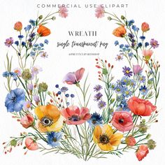 watercolor flowers arranged in a circle with the words commercial use clipart on it