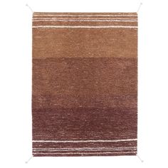 a brown and white rug with stripes on the bottom, in two different colors that appear to be red