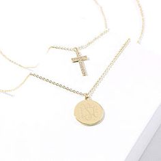 Monogrammed Layered Cross Necklace Personalized Gold Cross Jewelry, Personalized Gold Cross Jewelry Gift, Gold Personalized Cross Charm Necklaces, Personalized Engraved Cross Necklace, Personalized Cross Necklace In Gold, Personalized Gold Pendant Cross Necklace, Personalized Gold Cross Necklace, Customizable Gold Cross Jewelry, Gold Cross Necklace For Personalized Gift