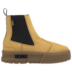 PUMA Mayze Chelsea Suede Taffy | Foot Locker Mayze Puma Sneakers, Trendy Suede Platform Boots With Lug Sole, Puma Mayze Boots, Puma Mayze Chelsea Boots, Black Suede Chelsea Boots With Rubber Sole, Puma Suede Mayu Slip On, Luxury Brown Suede Chelsea Boots, Woven Labels, Layered Look