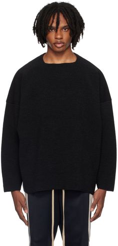 Ottoman knit wool sweater. · Crewneck · Dropped shoulders · Leather logo patch at back collar Supplier color: Melange black Black Knit Sweatshirt With Ribbed Collar, Black Wool Crew Neck Sweatshirt, Black Merino Wool Crew Neck Sweater, Black Knit Sweatshirt With Ribbed Cuffs, Black Wool Sweatshirt With Ribbed Cuffs, Casual Black Wool Sweatshirt, Black Wool Long Sleeve Sweatshirt, Black Merino Wool Sweater With Ribbed Collar, Black Long Sleeve Merino Wool Sweater